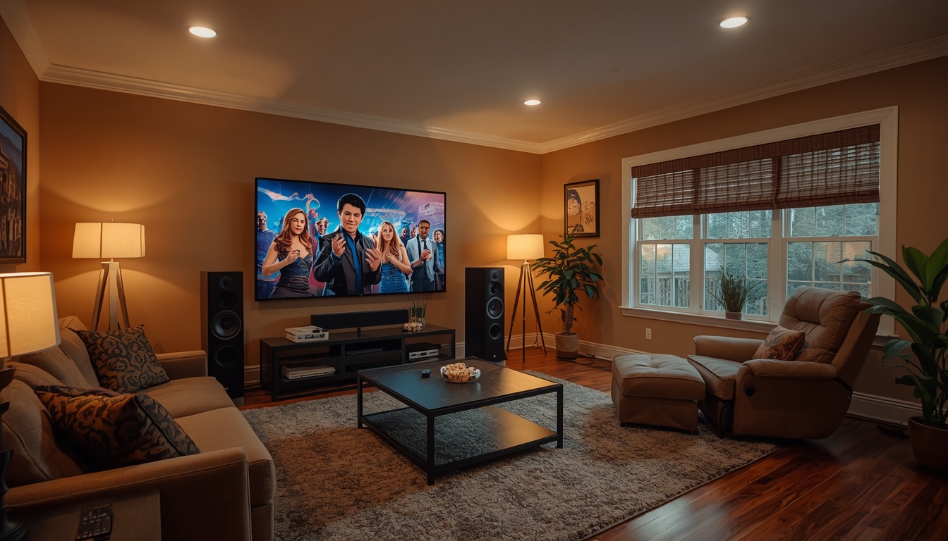 lucid origin a modern living room with a large flat screen television mounted on the wall sur 0