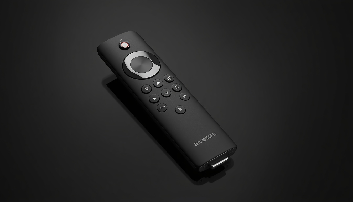 lucid origin A high resolution photograph of a Fire TV remote control on a sleek black backgr 0