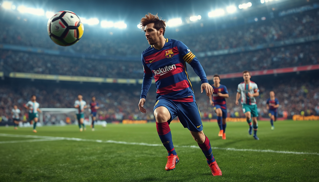 lucid origin a vibrant 4k soccer match scene with Lionel Messi as the central figure wearing  0