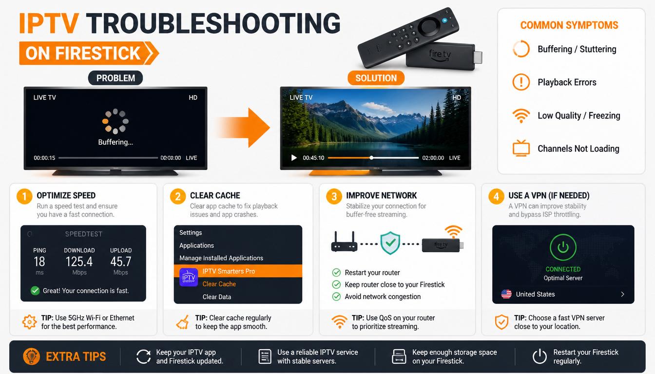 gpt image 2 Create a clean technical illustration showing IPTV troubleshooting on Firestick. 0