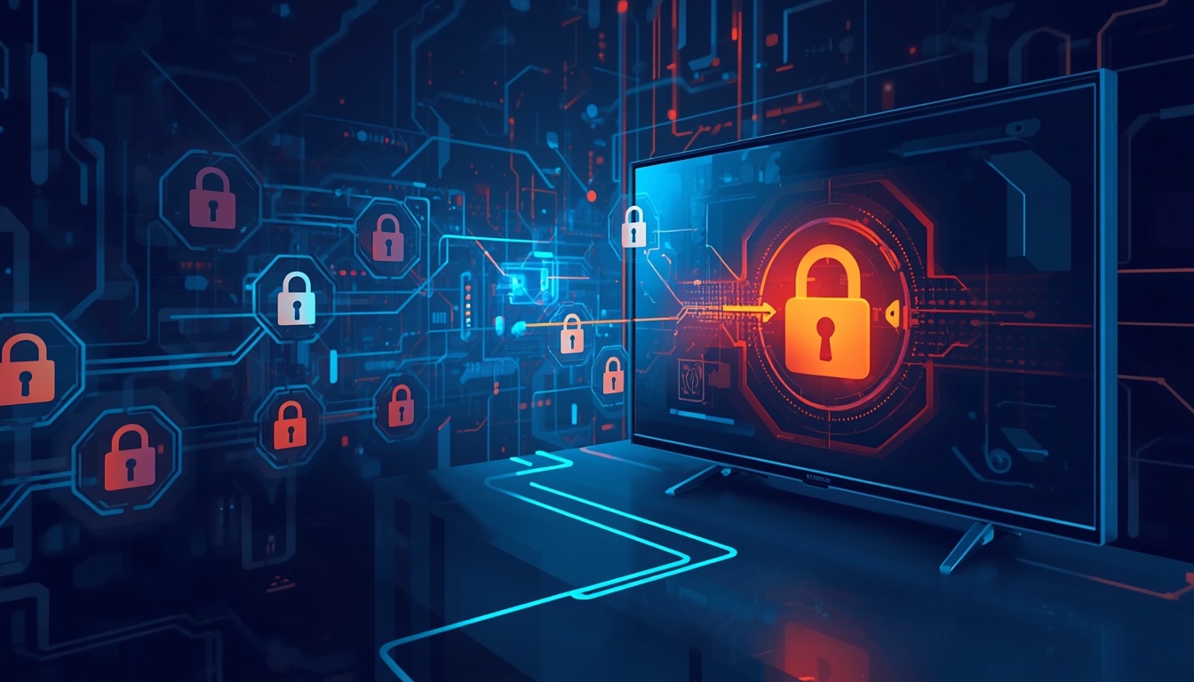 lucid origin Create a cybersecurity themed streaming illustration. Show Firestick connected t 0