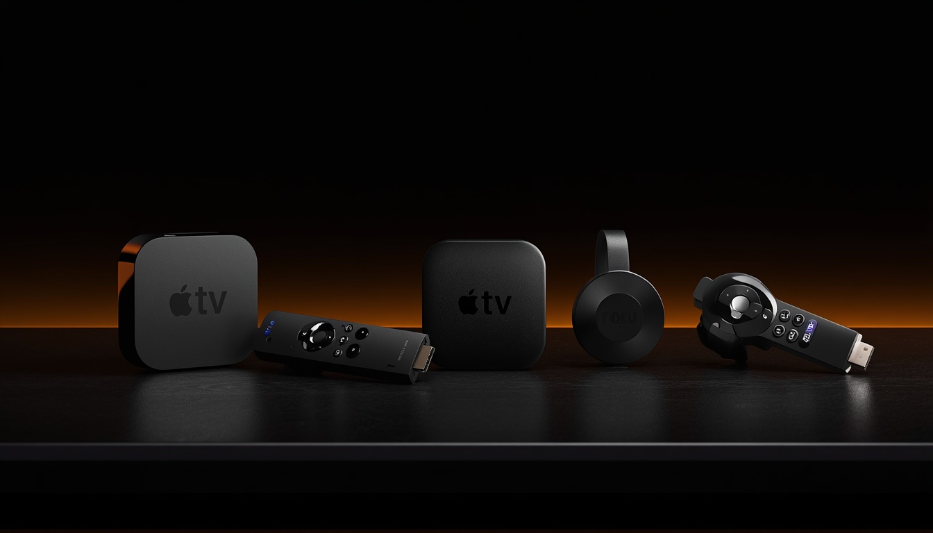 lucid origin Create a comparison scene featuring Amazon Firestick Android TV Apple TV Chromec 0