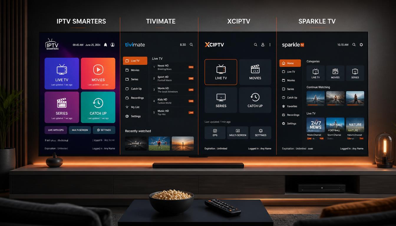 gpt image 2 Create a professional comparison image showing multiple IPTV player interfaces o 0