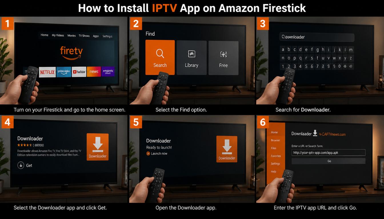 gpt image 2 Create a realistic step by step Firestick IPTV setup scene. Show a person holdin 0