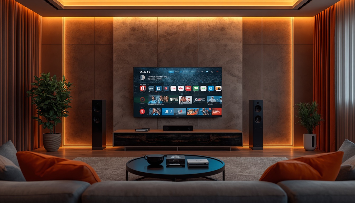 lucid origin Premium home entertainment setup featuring a Samsung Smart TV streaming live spo 0