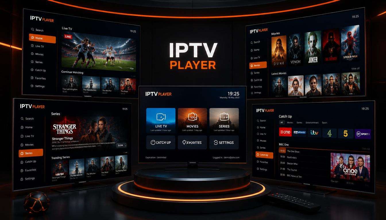 gpt image 2 A premium showcase of multiple IPTV player interfaces displayed across floating  0
