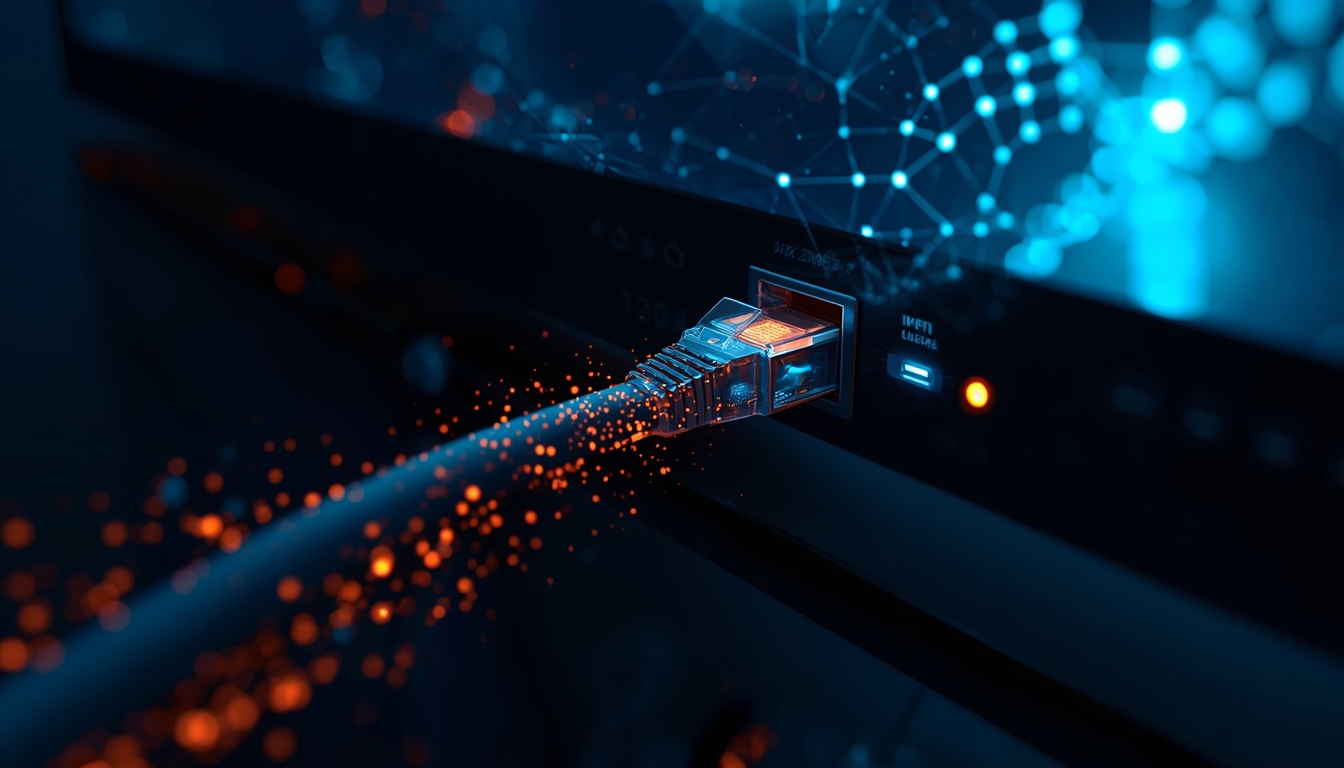 lucid origin Samsung Smart TV connected through high speed Ethernet with glowing network line 0