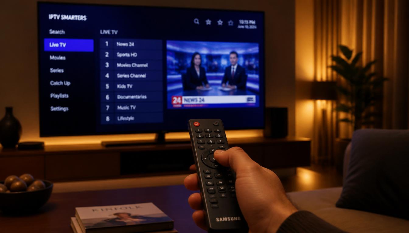 gpt image 2 A hand holding a Samsung Smart TV remote while navigating an IPTV application on 0