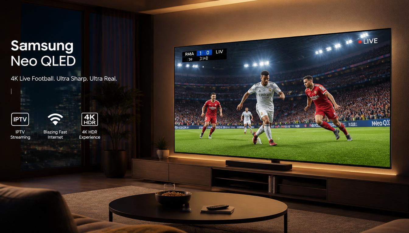 gpt image 2 Samsung Neo QLED Smart TV displaying an ultra sharp 4K live football match with  0