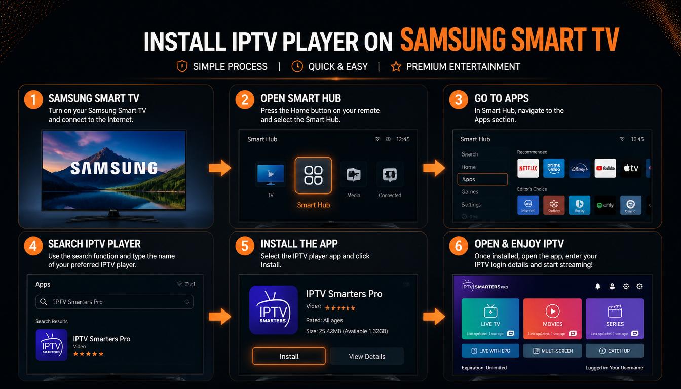 gpt image 2 Step by step installation concept showing Samsung Smart TV Smart Hub icon Apps m 0