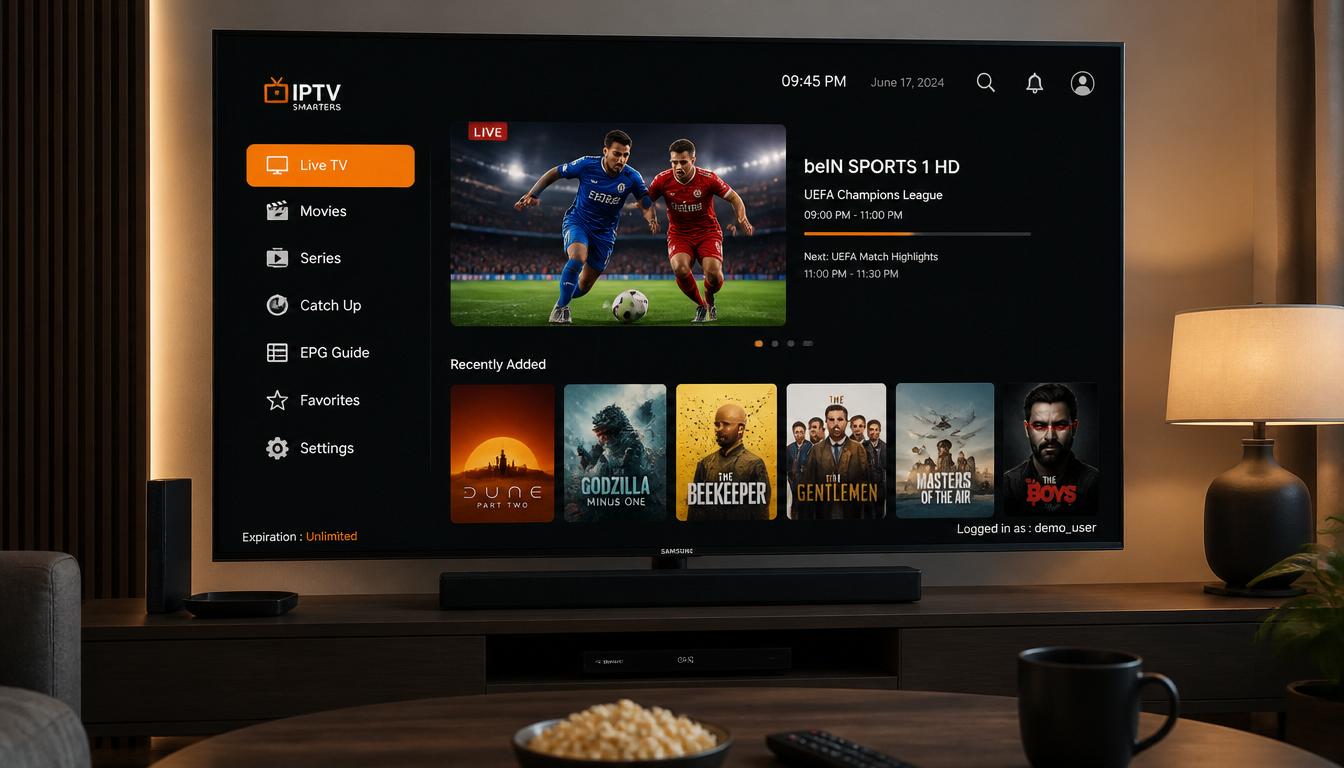 gpt image 2 A Samsung Smart TV displaying a modern IPTV player interface with live TV movies 0