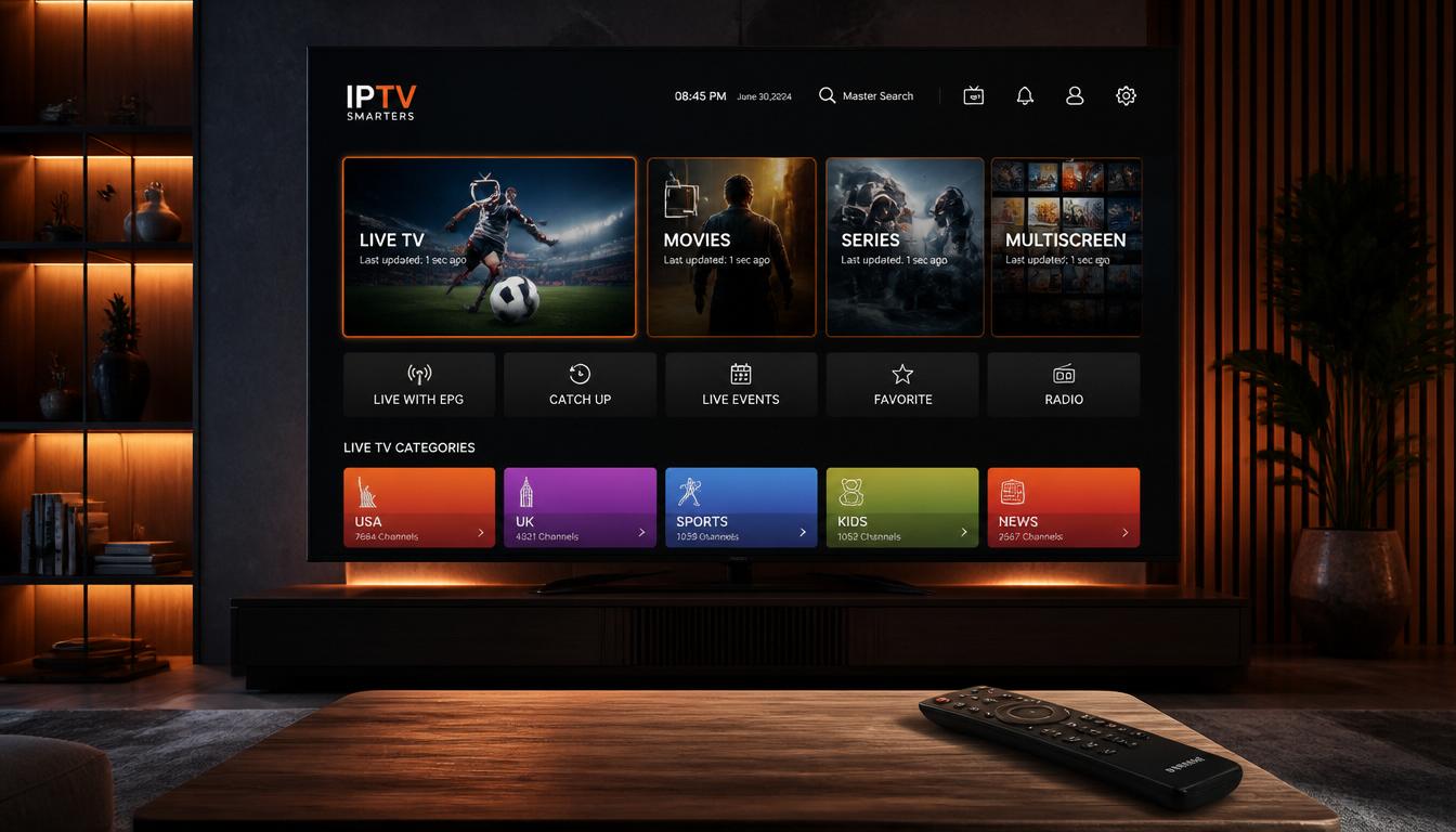 gpt image 2 A modern Samsung Smart TV in a luxurious living room displaying a premium IPTV i 0
