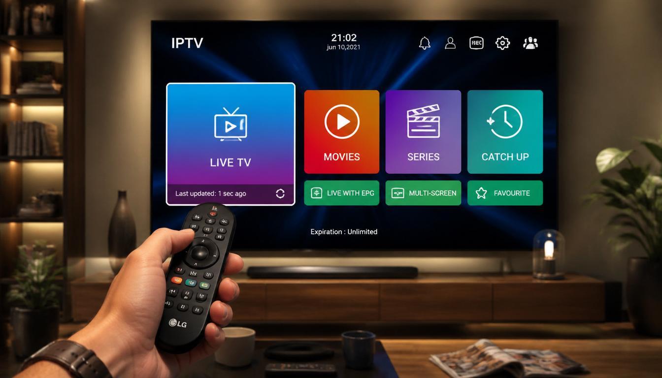 gpt image 2 A hand using an LG Magic Remote while navigating an IPTV application on a large  0