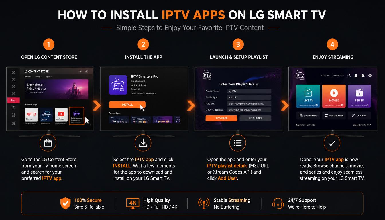 gpt image 2 Modern infographic showing step by step installation of IPTV apps on an LG Smart 0