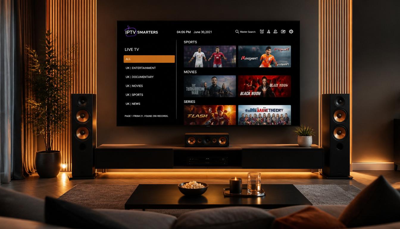 gpt image 2 Luxury home entertainment setup with a large LG OLED Smart TV displaying IPTV co 0