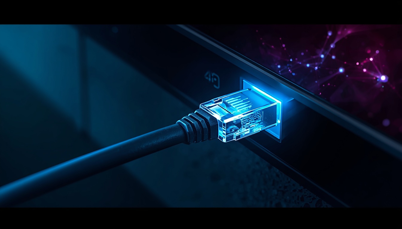 lucid origin LG Smart TV connected through a high speed Ethernet cable with glowing digital n 0