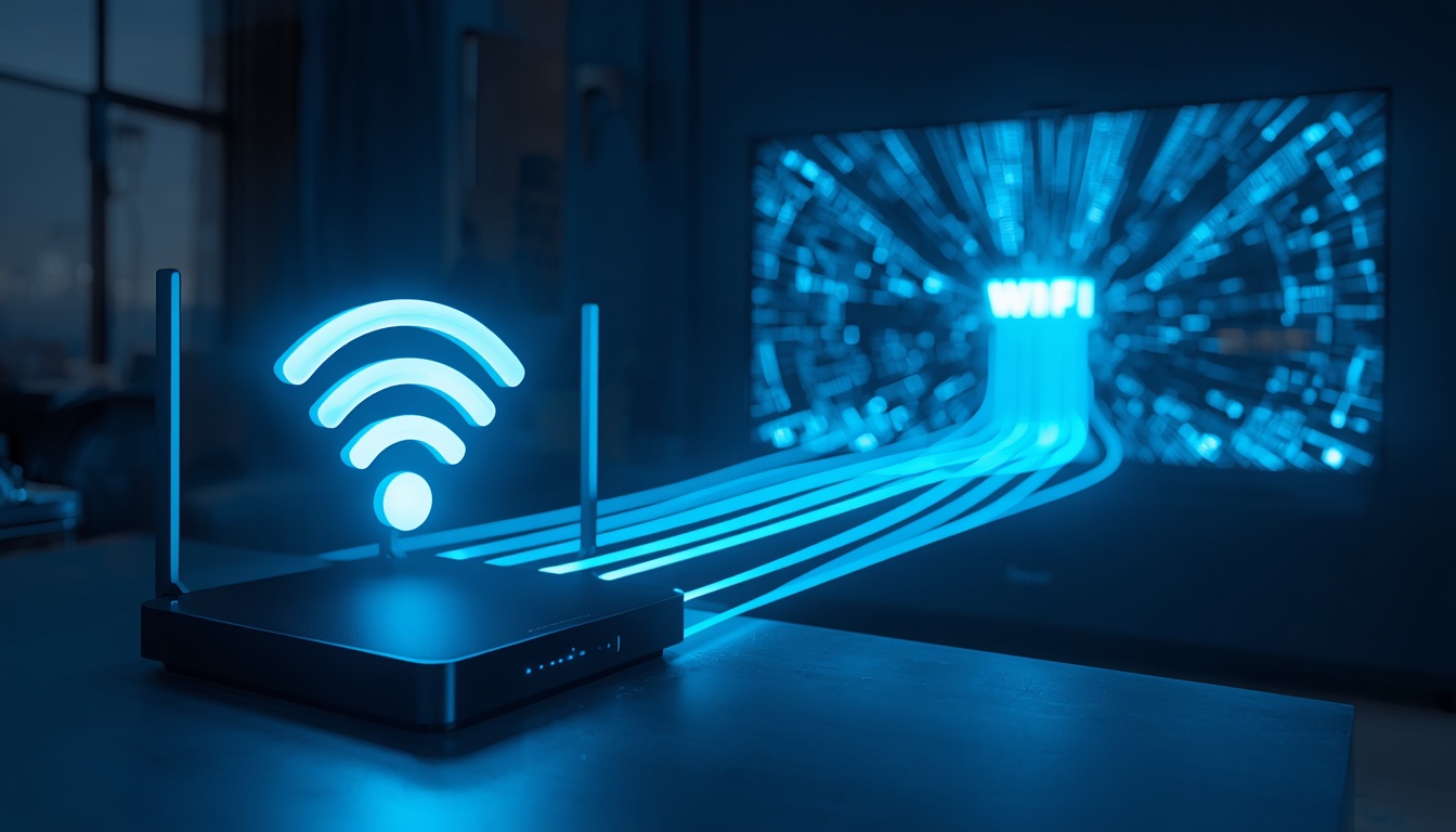 lucid origin Modern Wi Fi router with glowing speed lines reaching a large Smart TV high spee 0