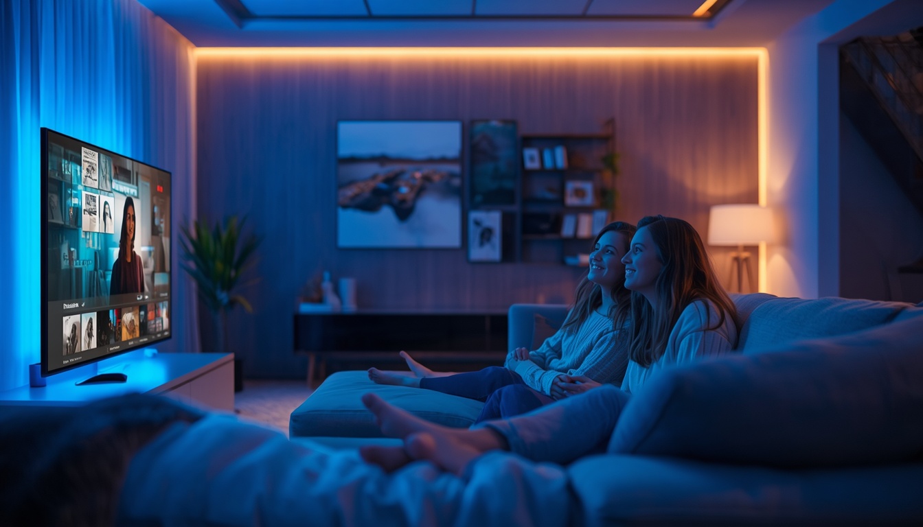 lucid origin Happy family watching a modern Smart TV in a luxury living room secure digital s 0