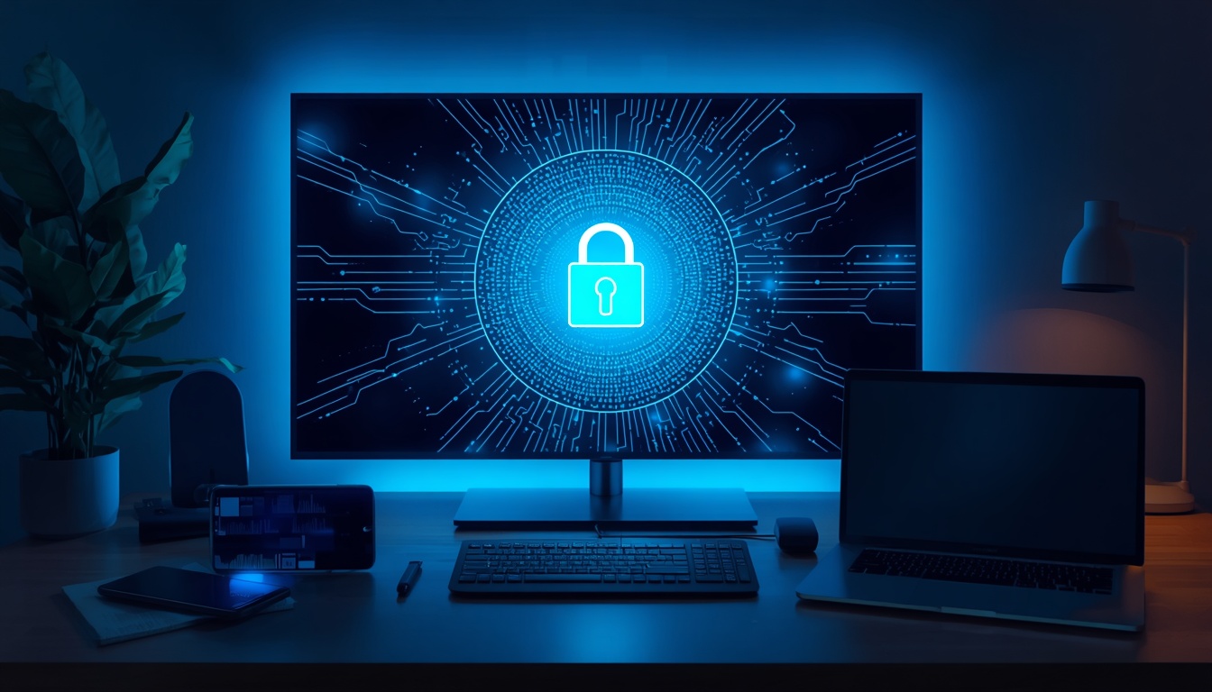 lucid origin Modern streaming setup with encrypted VPN tunnel visualization Smart TV laptop a 0