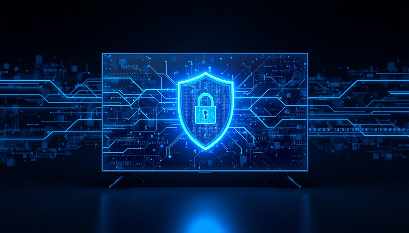 lucid origin Modern [Smart](/blog/best-iptv-apps-lg-smart-tv-2026) TV connected to a secure streaming network glowing digital shield p 0