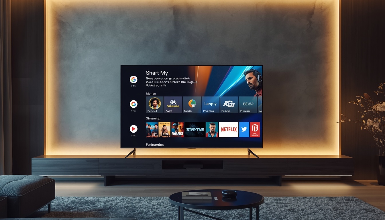 lucid origin Modern Google TV home screen with personalized recommendations app icons streami 0