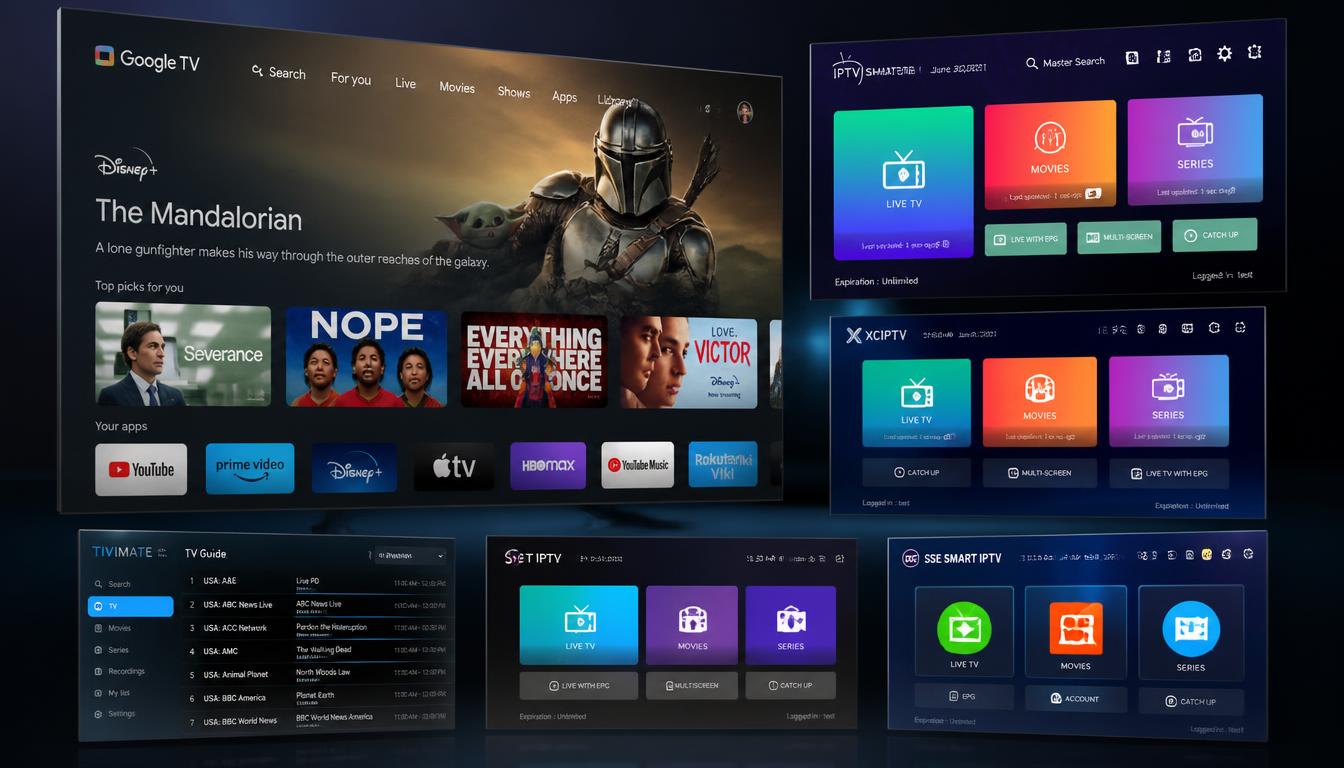 gpt image 2 Collection of premium IPTV player interfaces displayed on Google TV multiple str 0