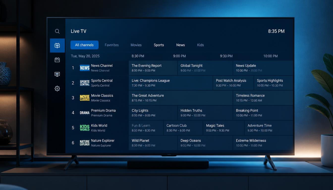 gpt image 2 Modern IPTV application interface inspired by TiviMate displayed on a Google TV  0